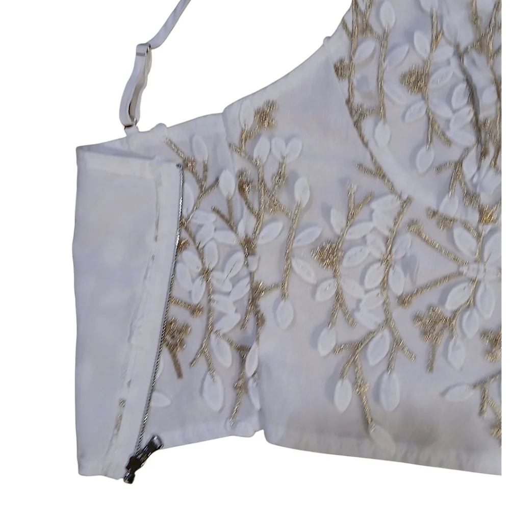 Corset Bustier Top Gold & White Floral Applique Zip Back, Adjustable Straps - Picture 6 of 7